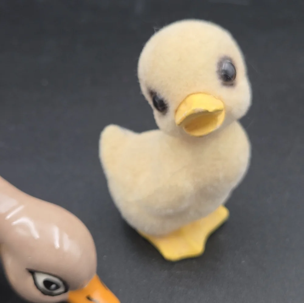 Vintage Inarco Flocked Duckling Figurine Japan & Ceramic Hand Painted Duck